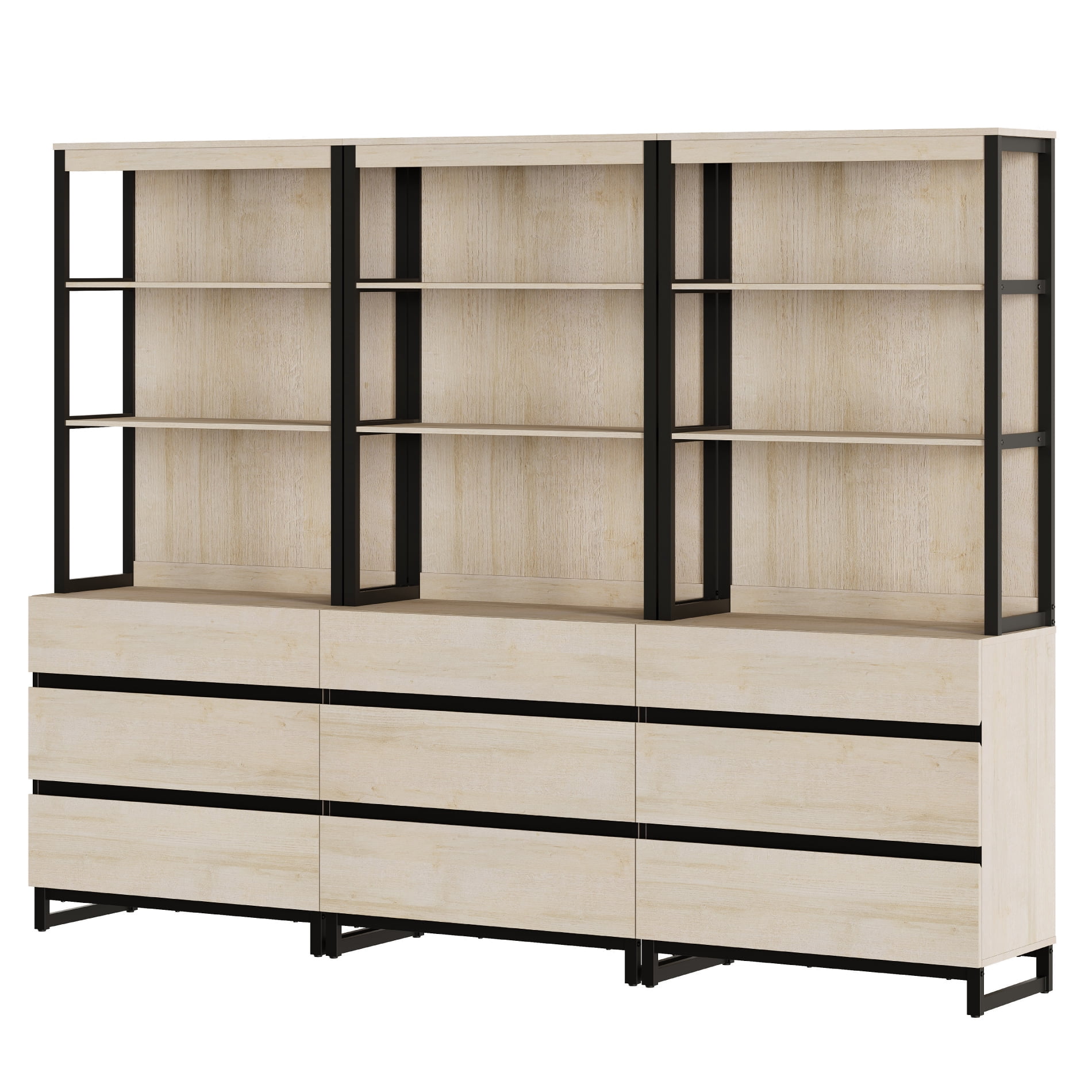WAMPAT 3-Piece Modern 72" Tall Library Bookcases with 9 Drawers & Open Shelves, Wood Freestanding Bookshelves with Storage Cabinet & Metal Base for Home Office & Living Room, Beige