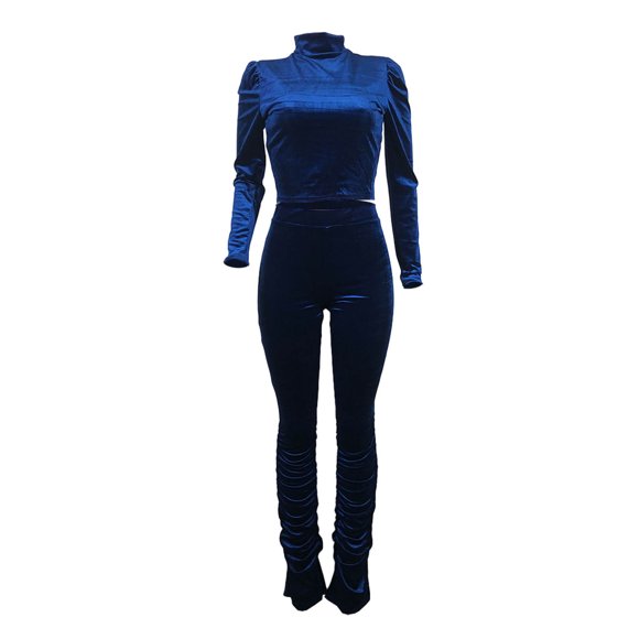 Women’S Casual Fashion Sexy Solid Color Velvet Fabric Wrinkle Flared Pants Two-Piece Set