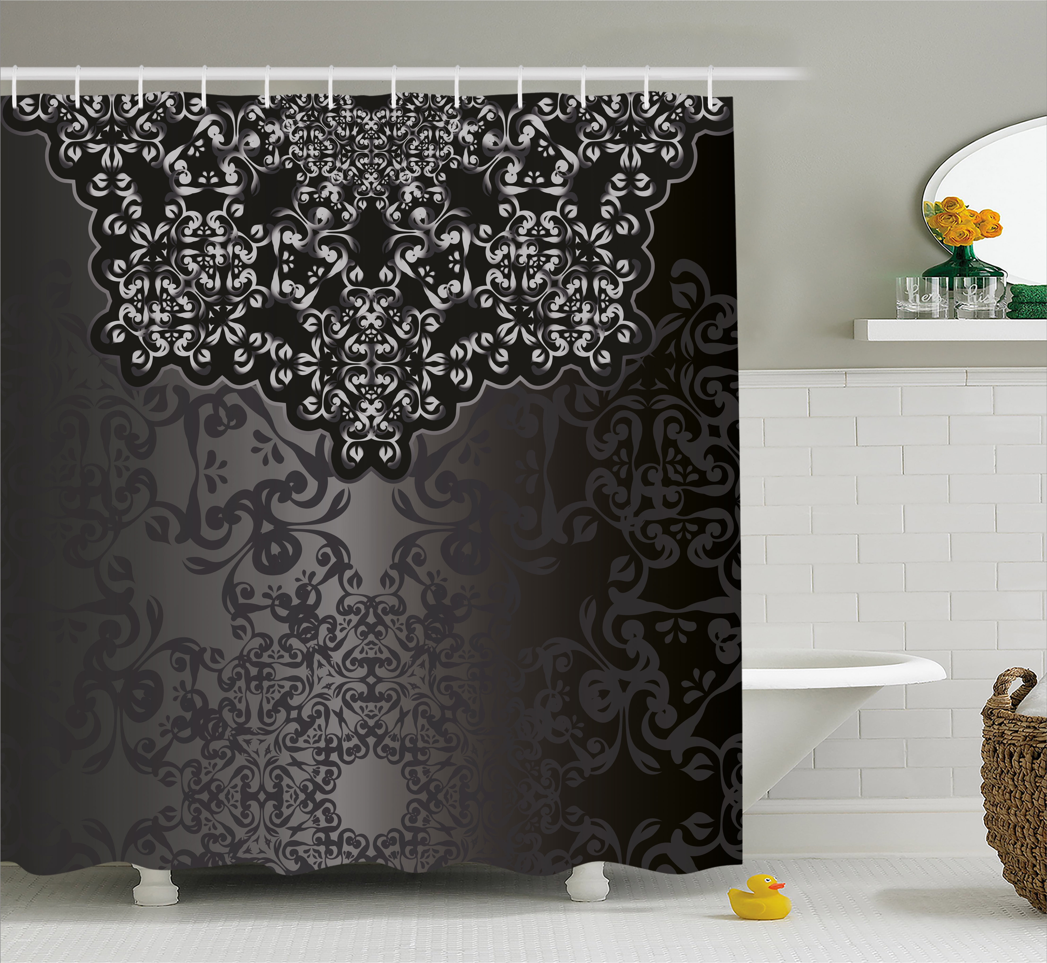 Dark Grey Shower Curtain Vintage Damask Artful Print For Bathroom