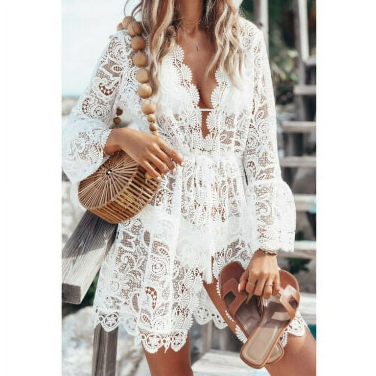 KOMOO Women Lace Beach Dress Hollow Crochet Boho Mini Dress See Through Bikini Cover Up - Walmart.com KOMOO Women Lace Beach Dress Hollow Crochet Boho Mini Dress See Through Bikini Cover Up - Walmart.com