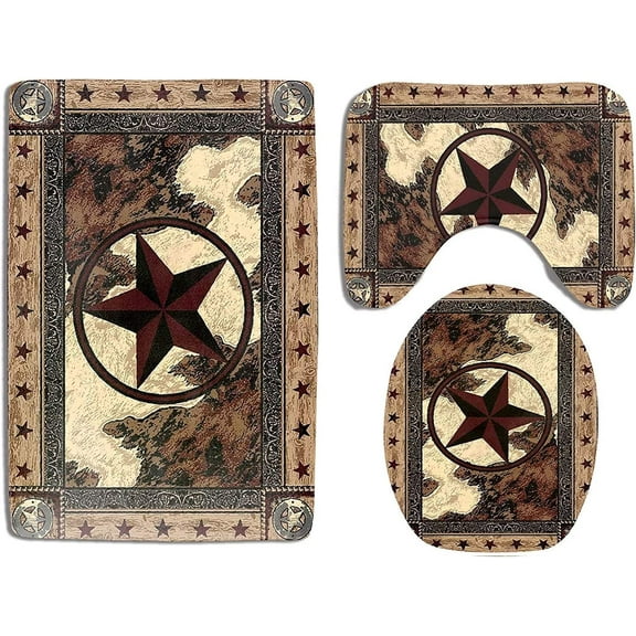 Western Texas Star Bathroom Rugs Set 3 Piece with Non-Slip Bath Rugs Toilet Lid Cover U-Shaped Contour Toilet Mat Rustic