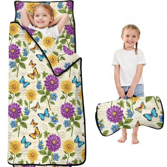 Butterfly and Floral Purple Pattern Teens Toddler Nap Mat with Pillow, Sleeping Mat Bag for Preschool Daycare 59"x22"