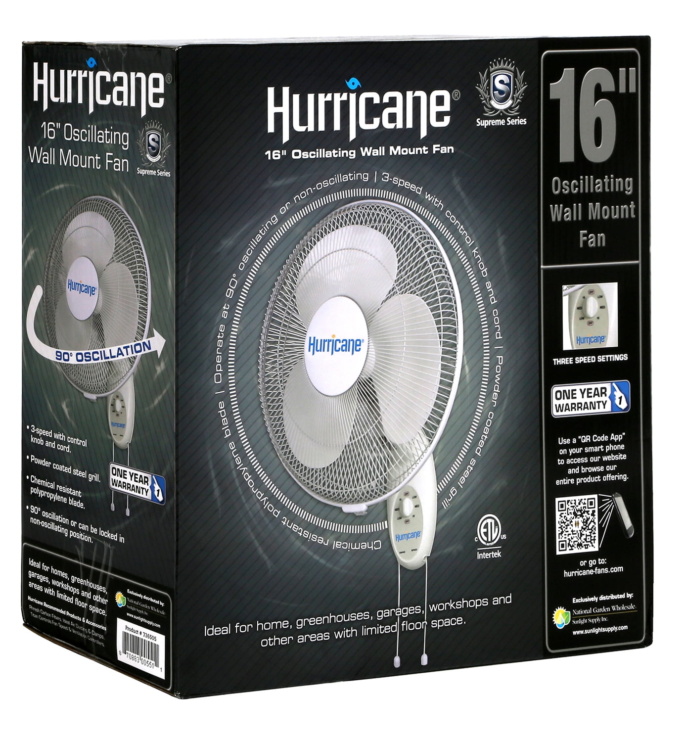 Hurricane 16" Supreme Oscillating Wall Mount Fan with Easy Pull Cords and 3 Quiet Speeds