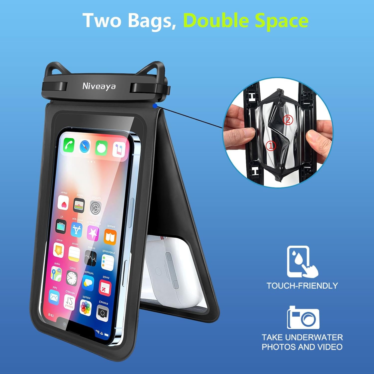 TJS [2 Pack] Up to 7" Double Space Waterproof Phone Pouch Bag with Lanyard, IPX8 Waterproof Cellphone Dry Bag Case for iPhone 15 Pro Max 14 Pro 13 12 Galaxy S23 Ultra S22 Series (Black+Black)