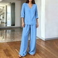 thumbnail image 5 of sdhkgrrt Women's Plus Size 2 Piece Pajama Outfit Striped V Neck 3/4 Sleeve Blouse Wide Leg Pants Casual Boho Lounge Set Loose Matching Travel Daily Tracksuits, Sky Blue S, 5 of 6