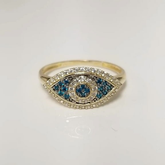 Women's 14K Yellow Gold Plated Lab Created Blue Diamond Evil Eye Ring