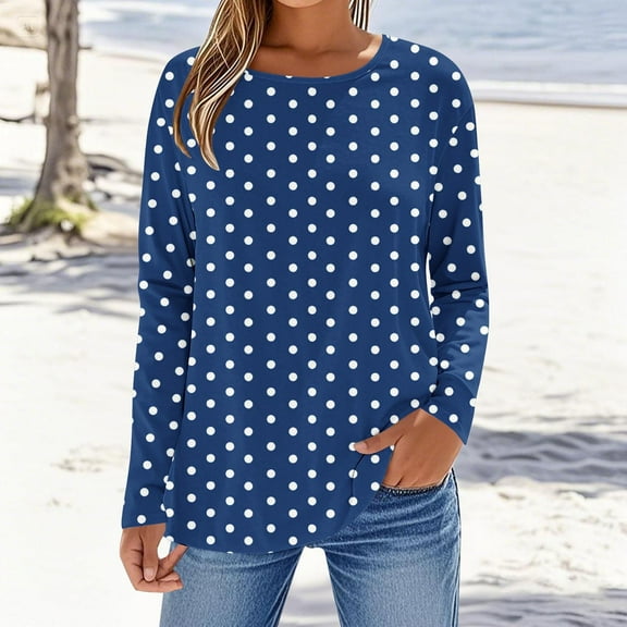Heisall Womens Tops Long Sleeve Round Neck Tshirts Polka Dot Print