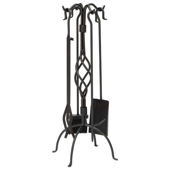 , F-1053, 5-Piece Black Wrought Iron Fireplace Tools Set with Center Weave