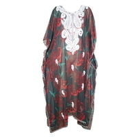 Mogul Women Red Rose Maxi Caftan Paisley White Embroidered Neck Loose Cover Up Beach Summer Dresses Kaftan One Size