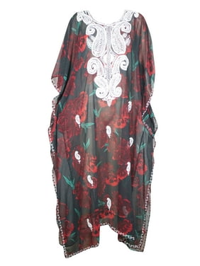 Mogul Women Red Rose Maxi Caftan Paisley White Embroidered Neck Loose Cover Up Beach Summer Dresses Kaftan One Size
