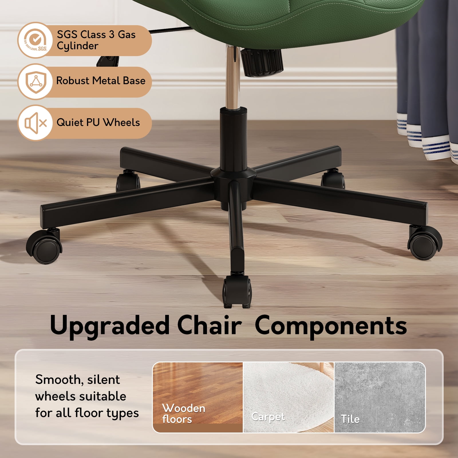 Ninecer Adjustable Armless Office Chair, Leather Desk Chair with Wheels, Office Chair for Home Office, Computer Rolling Chair for Adults, Comfy Task Chair, Green