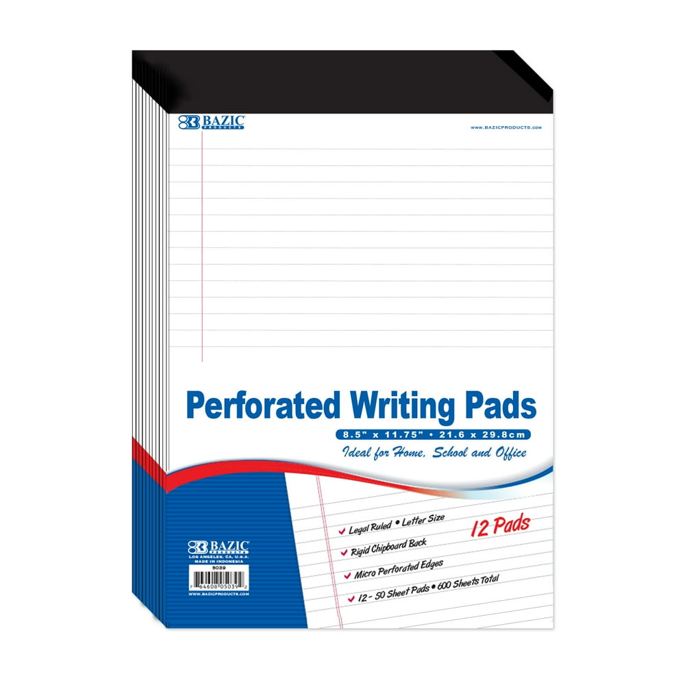 BAZIC Perforated Writing Pad, 50 Sheets 8.5"x11.75", White Lined Ruled