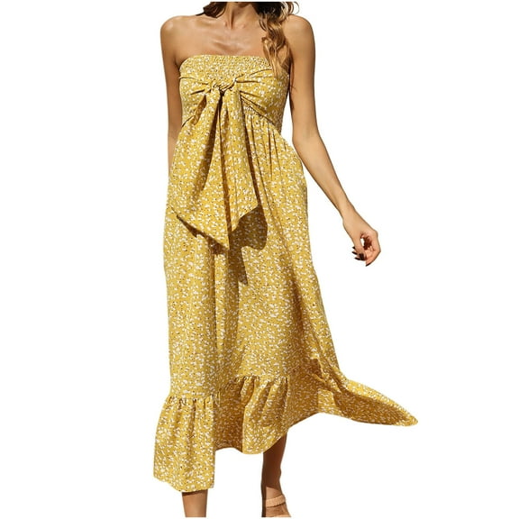 IROINNID Women's Sleeveless Empire Dress Summer Casual Beach Tube Top Floral Dress Off-The-Shoulder Below The Knee Women Dress