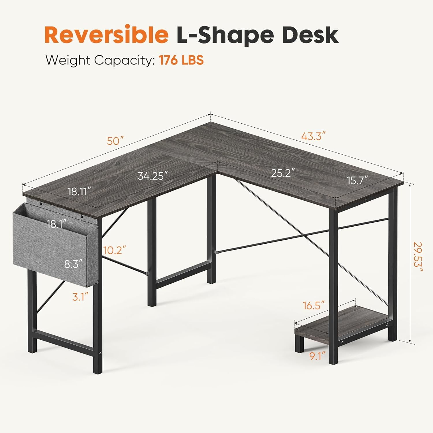 Bigleap L Shaped Computer Desk - Gaming Table Corner Desk 50 Inch PC White Writing Desk Study Desks with Wooden Desktop CPU Stand Side Bag Reversible for Home Office Room Small Space, Gray