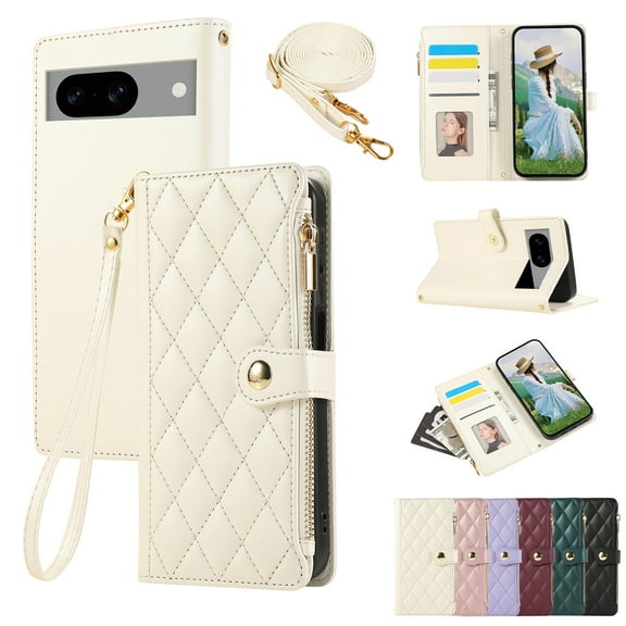 Wallet Case for Google Pixel 6a, Crossbody Shoulder Strap Hand Wrist Stylish PU Leather Flip Folio Cover Stand Cards Holder Zipper Pocket RFID Blocking Phone Case for Google Pixel 6a, Beige