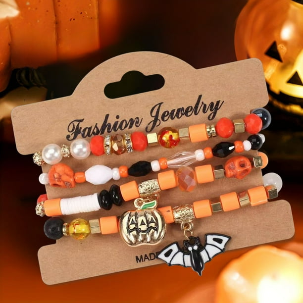 Juego de pulseras de Halloween: pulseras góticas de cuentas en capas con dijes de fantasma, araña y calabaza | Pulseras elásticas apilables para mujer | Accesorios y regalos de joyería espeluznantes