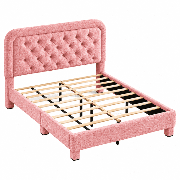 Alvantor Queen Size Upholstered Platform Bed Frame, Pink Boucle, Tufted Headboard, Wood Slat Support