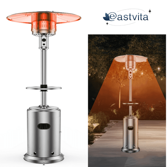 EastVita Patio Heater, 48,000 BTU Outdoor Patio Heater with Wheels & Table Design, Triple Protection System, Stainless Steel Outdoor Heater