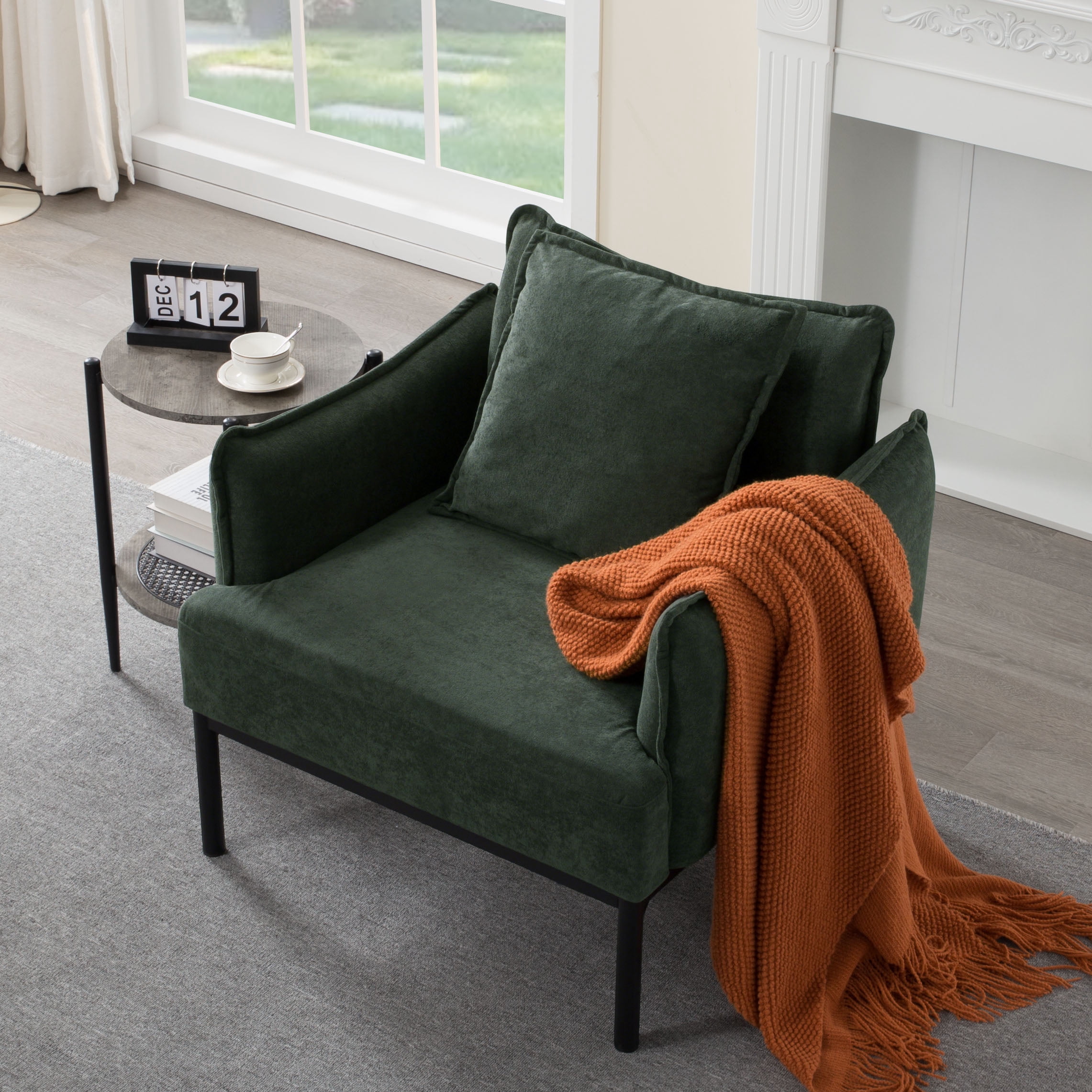 BSHTI 32.48" Modern Accent Chair with Curved Armrest, Upholstered Living Room Chair with Pillow, Solid Wood Frame & Metal Base, Non-Slip, Easy Assembly, Green
