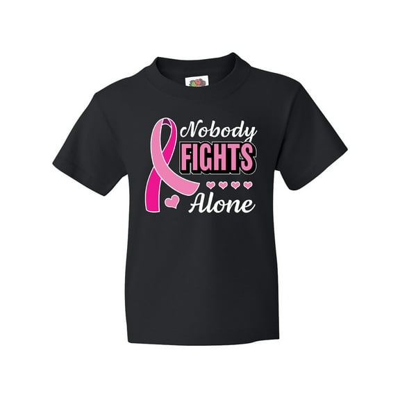 Inktastic Breast Cancer Awareness Nobody Fights Alone Pink Ribbon Youth T-Shirt