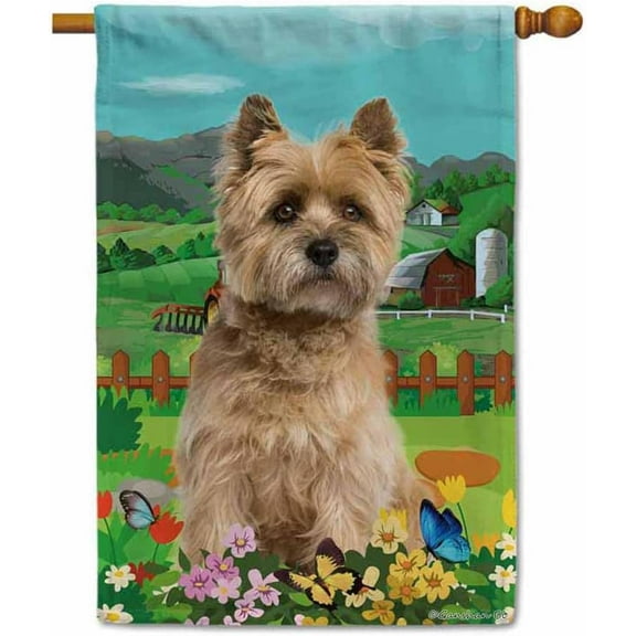 Welcome Spring Summer Cairn Terrier House Flag Dog Flowers Butterflies Farm Village Home Decor Banner for Outside Double Side 28X40 Inch