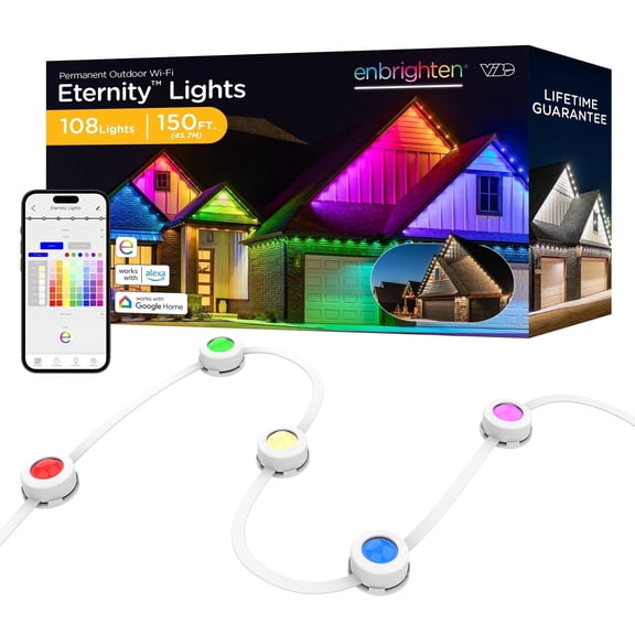 Enbrighten VIBE 150ft 108 LEDs Permanent Outdoor Eternity Lights, Eave Lights for All Holidays, Christmas, Halloween and More, White — 85102