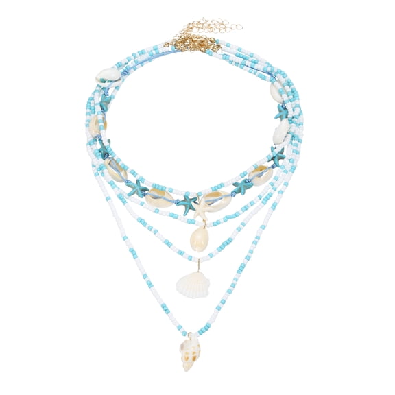 Sea Shell Necklace for Women, Handmade Summer Bead Beach Shell Charm Starfish Bead Necklace Layered Adjustable Boho Beach Jewelry for Vacation Gift (Blue, Pack of 5)