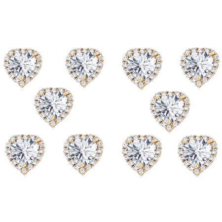 Paris Jewelry 14k Yellow Gold 6mm 3Ct Heart White Sapphire Set of Five Halo Stud Earrings Plated