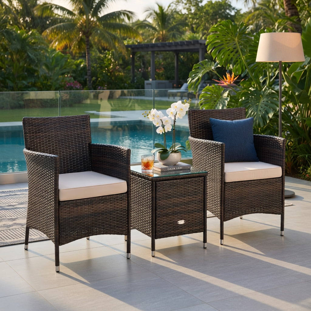 Hommoo 3-Piece Outdoor Wicker Furniture Set, PE Rattan Chairs with Cushions + Tempered Glass Coffee Table for Patio, Garden & Backyard, Brown