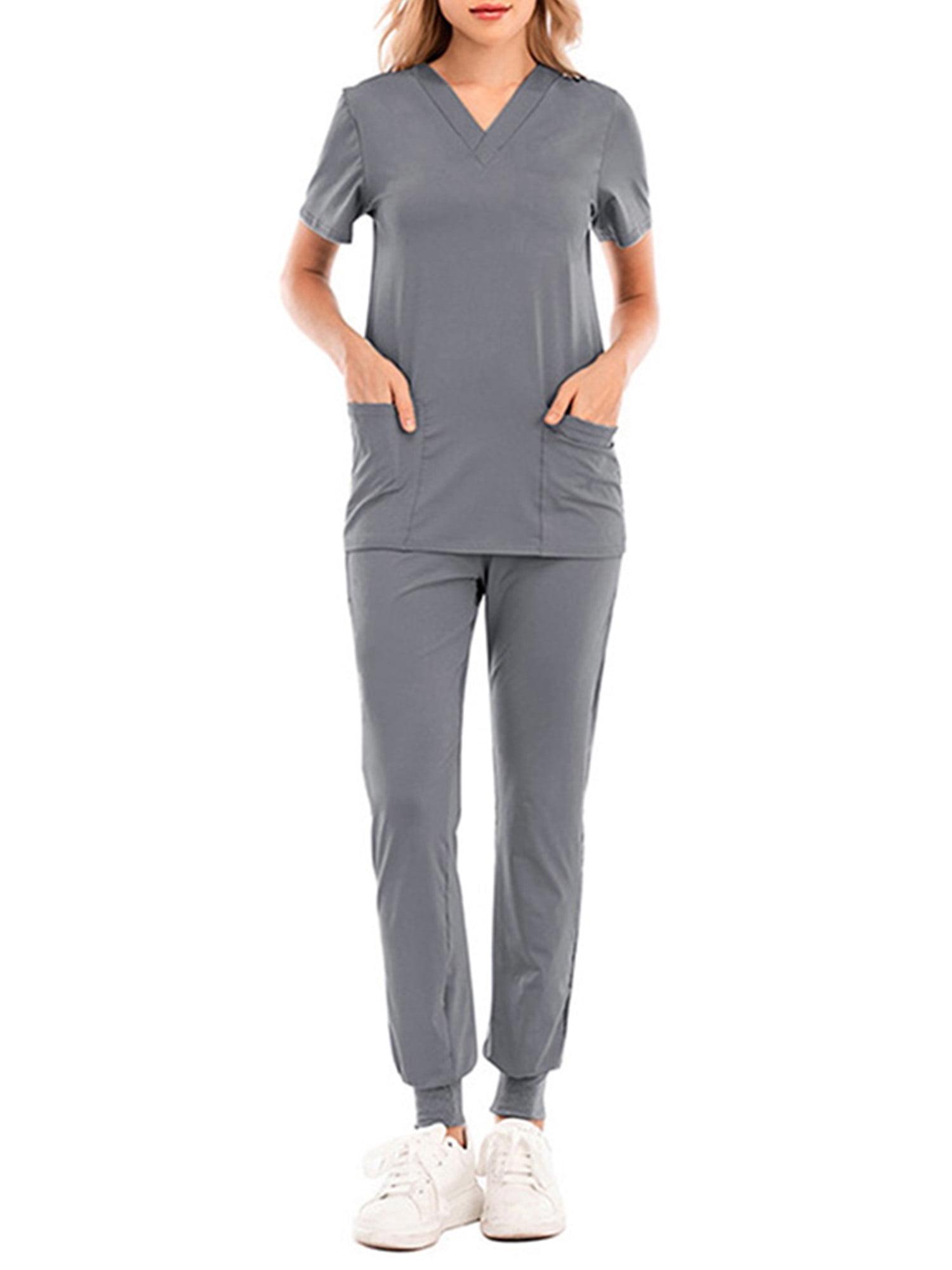 Rejlun Ladies Scrubs Set Solid Color Medical V Neck Scrub Tops+pants Plain  Suit Comfy Doctors Top Sky Blue XL 