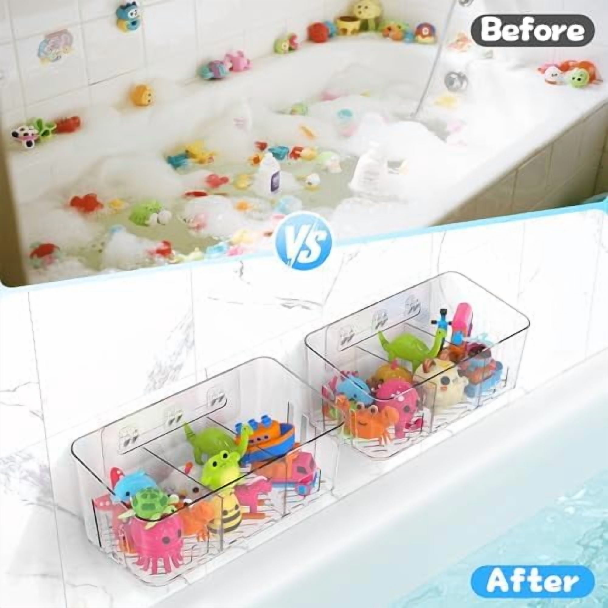 Bath Toy Storage 2 Packs, Large Holder with 3 Compartment, Quick Dry Bathtub Organizer, Tub Net, Shower Basket & Bin, Bathroom Accessories for Baby,Toddler,Kids（Clear）