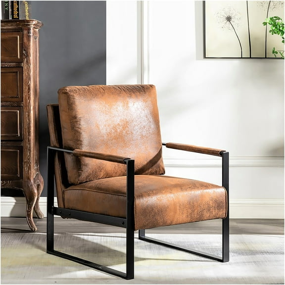 JERFIT Mid Century Modern Accent Chair with Square Metal Frame, Padded Armrests & Soft Microfiber Upholstery for Living Room, Bedroom, Office