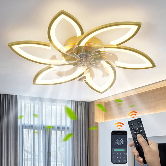 Ganeed 30.7" Bladeless Ceiling Fan with Light and Remote Control, Gold Low Profile Flush Mount Ceiling Fan 3 Color 6 Speed for Bedroom Living Dining Room Kitchen