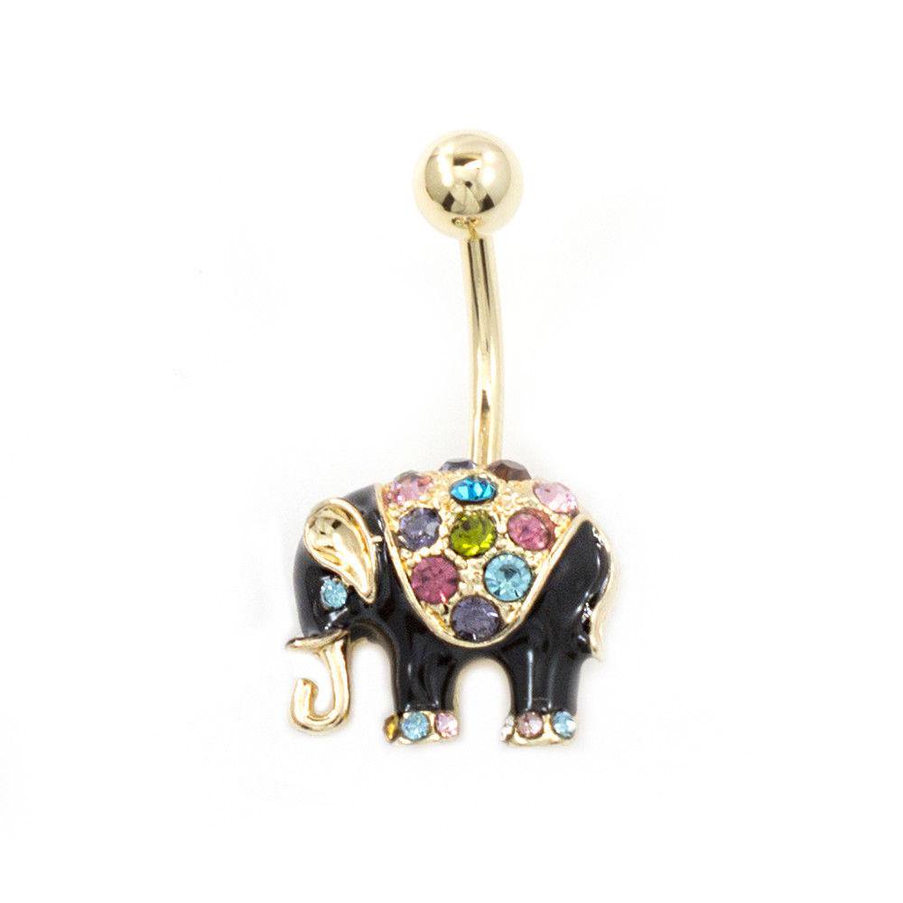 Elephant Belly Button Ring 14G With Black Enamel Design MultiColor