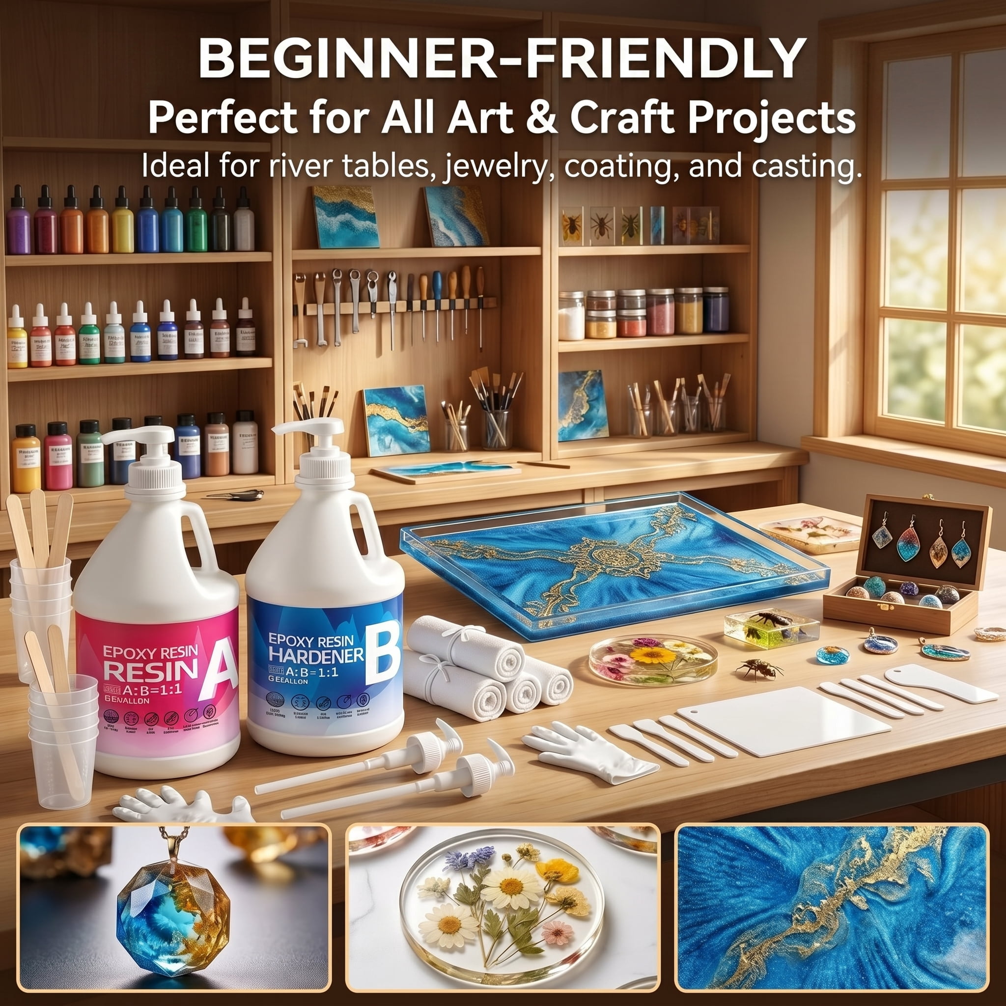2gal Clear Epoxy Resin Kit - 2-Part Fast Cure Epoxy Adhesive, High Hardness, Bubble-Free, Anti-Yellowing, Self-Leveling. For Casting, Coating, Countertops, River Tables, Resin Molds, Art Cra