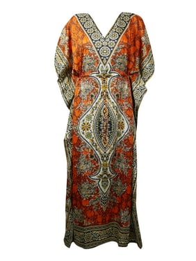 Mogul Women Orange Traditional Caftan Floral Print Boho Dress Vintage Cover Up Maxi Kaftan Dress