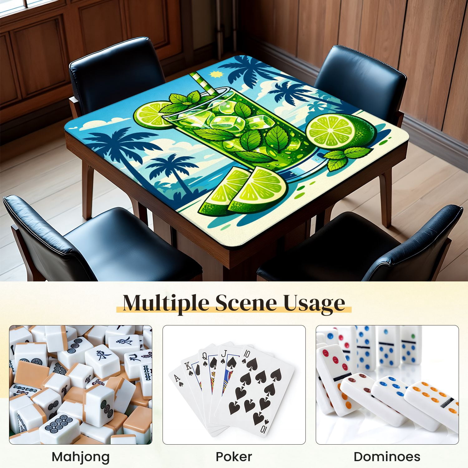 Mahjong Mat 31.5" x 31.5" Fresh Mojito Lime Mint Tropical Beach Non-Slip Noise Reduction Mahjong Tiles Table Cover for Dominoes Poker Card Board and Tile Games