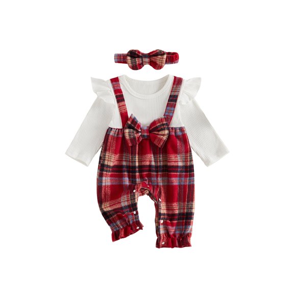RUINIXCW Baby Girl Christmas Set Plaid/Striped Long Sleeve Ribbed Jumpsuit Headband