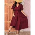 thumbnail image 3 of Burgundy Plus Size V-Neck Wrap Maxi Dress With Tiered Ruffle Hem And Self-Tie Waist Belt, Short Sleeve, 3 of 8