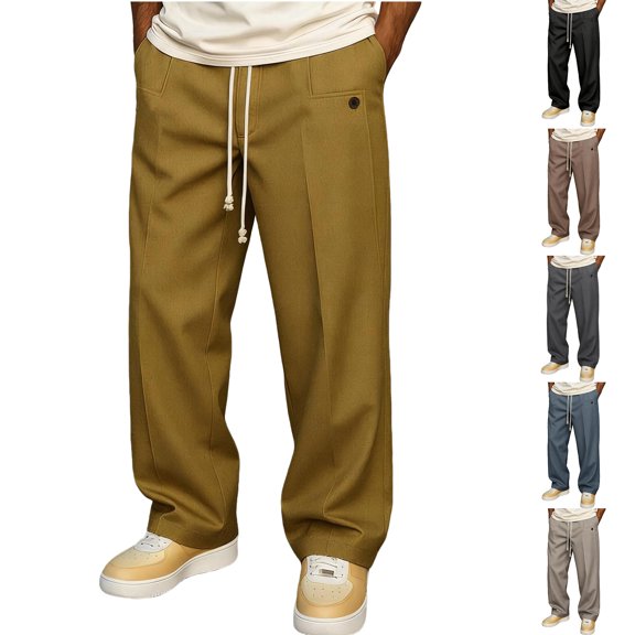 Nestiefly Mens Baggy Casual Dress Pants Relaxed Fit Wide Leg Sweatpants Drawstring Elastic Waist Straight Trousers Black 3XL