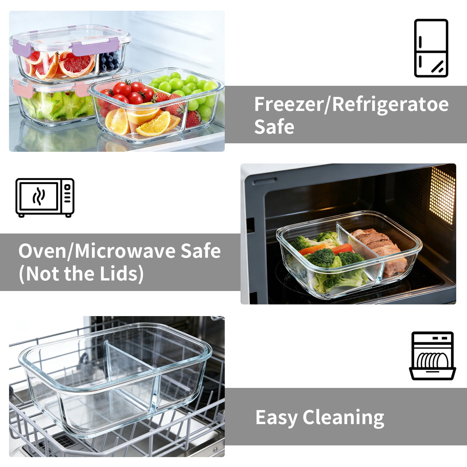 stusgo 35 Oz Glass Food Storage Containers 4-Pack,2 Compartment Portion Control with Airtight Snap Lids，Microwave, Oven, Freezer & Dishwasher Safe (4 Pack,Colorful)
