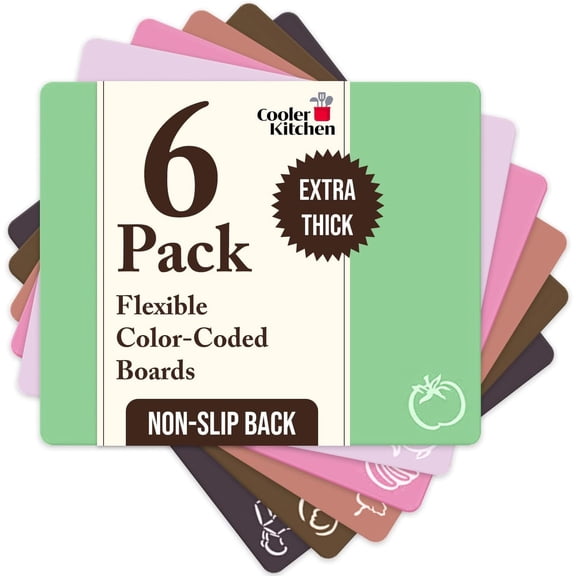 Extra Thick Pastel Flexible Plastic Cutting Board Mats with Food Icons & EZ-Grip Waffle Back, (Set of 6) Dishwasher Safe