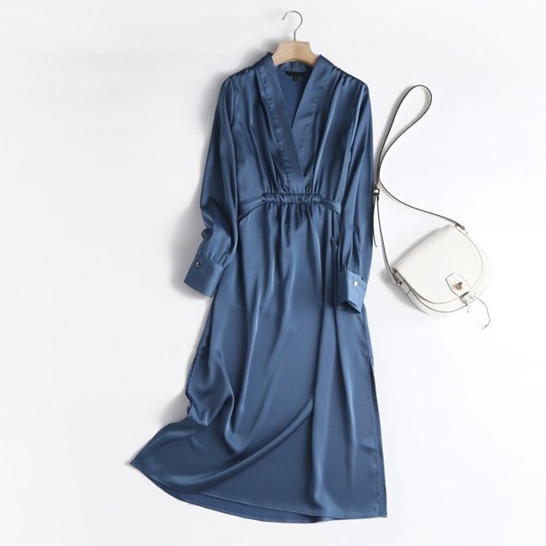 Tangada moda mujer elegante satén vestido manga larga Oficina señoras Midi vestido con barra 6D105 Tan Jianjun unisex