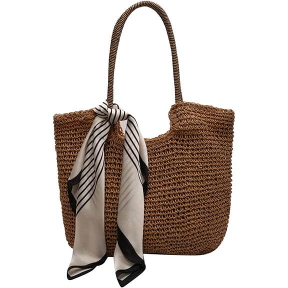 Kukuzhu Straw Beach Bag, Summer Woven Tote Bag with Silk Scarf Large Shoulder Handbag Straw Purses and Handbags for Women