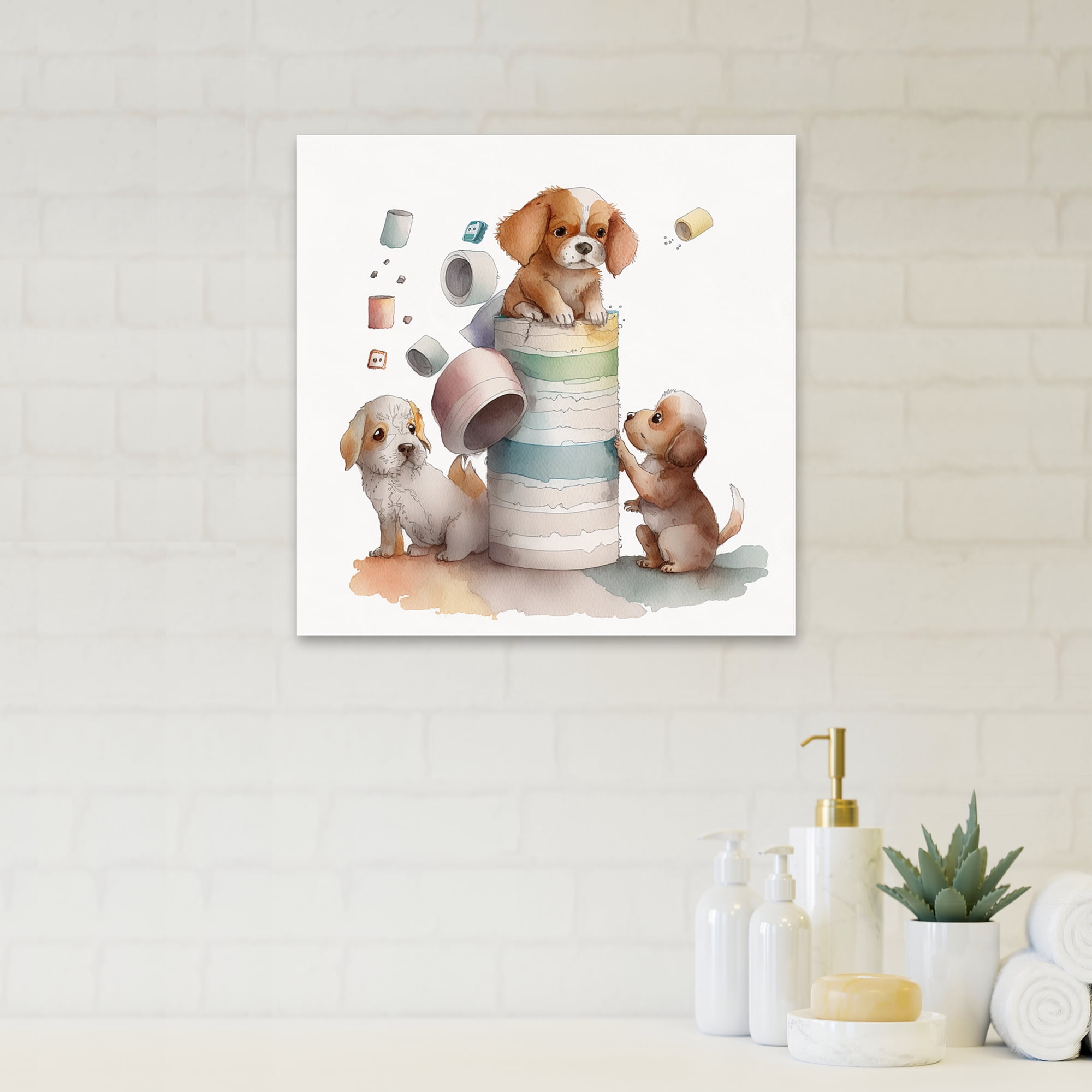 Designart Dogs Building A Tower Of Toilet Paper Canvas Wall Art