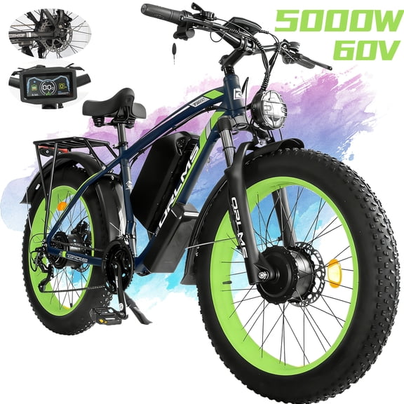 5000W (Peak) Electric-Bike, 60V 25AH Battery Electric Bike for Adults, Dual-Motor-Ebike 50MPH Ebike, 26*4.0 Fat Tire Ebike, AWD 21-Speed E-Mountain Bicycle for Off-Road Snow Sand UL 2849