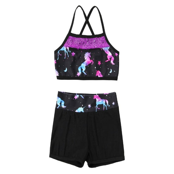 Alvivi Girls 2Pcs Ballet Dance Outfits Mermaid Tankini Swimsuit Shiny Crop Tops Booty Shorts Set