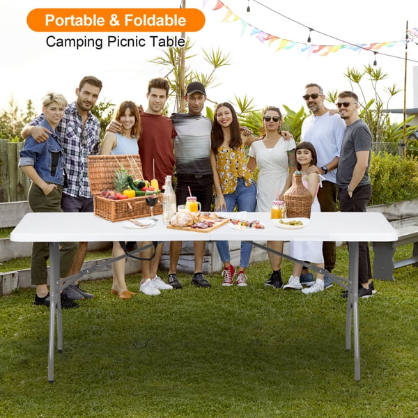 Alvantor 6FT Folding Table, Portable Fold-in-Half HDPE Plastic Dining Table with Powder Coated Steel Frame for Picnic Party Camping,White