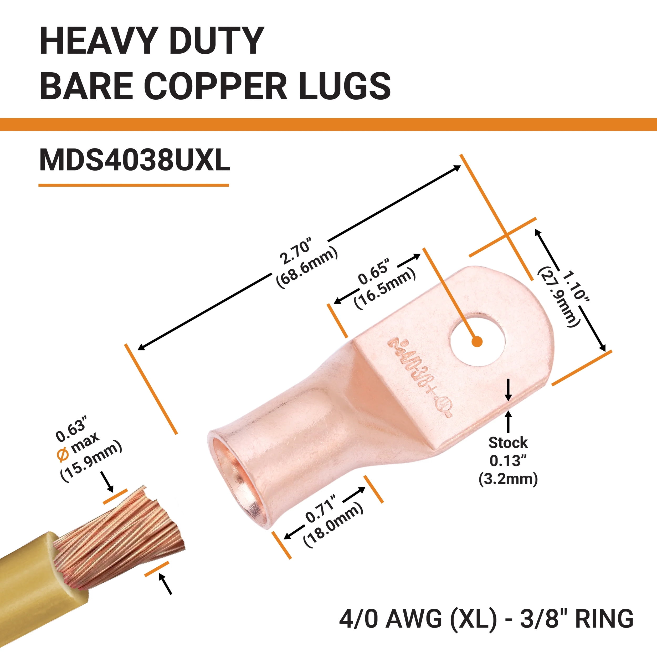SELTERM 4/0 AWG XL 3/8" Ring Battery Cable End Terminal Lugs Bare Copper 10ea