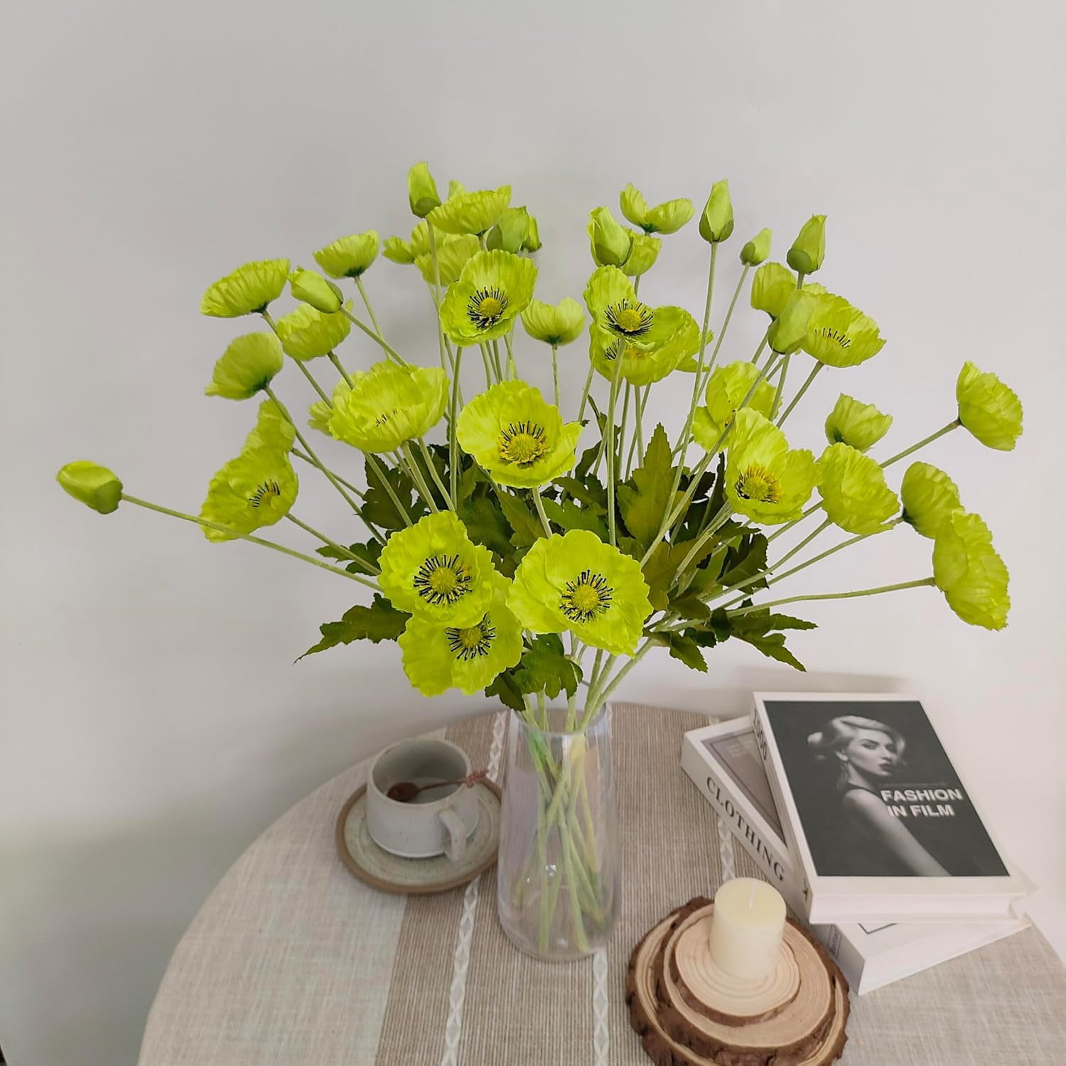 Green Poppy Flowers Artificial Bouquet for Wedding,12 Pcs Fake Faux Silk Poppies Bulk for Home Decor Table Centerpieces Floral Arrangement(23.5‘’, Green)